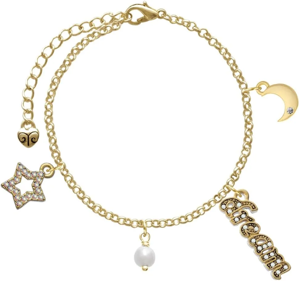 Delight Jewelry Plated 6mm Glass Imitation Pearl Bead Drop - Goldtone Dream Big Charm Bracelet, 7.5 2" Extender