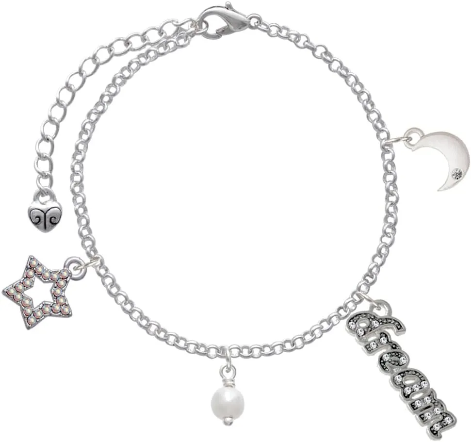 Delight Jewelry Plated 6mm Glass Imitation Pearl Bead Drop - Silvertone Dream Big Charm Bracelet, 7.5 2" Extender
