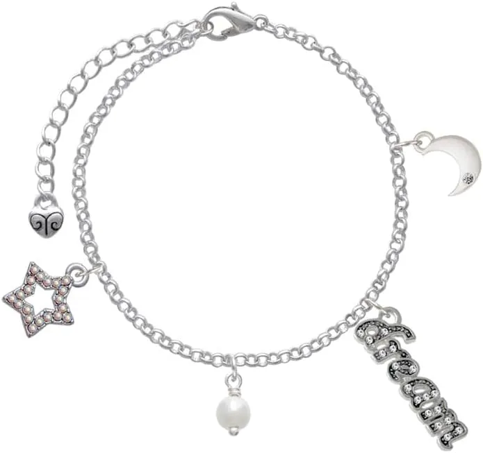 Delight Jewelry Plated 6mm Glass Imitation Pearl Bead Drop - Silvertone Dream Big Charm Bracelet, 7.5 2" Extender