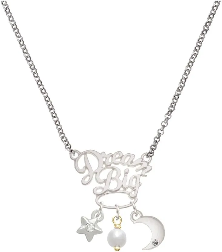 Delight Jewelry Plated 6mm Glass Imitation Pearl Bead Drop Silvertone Dream Big Pendant Necklace, 25"