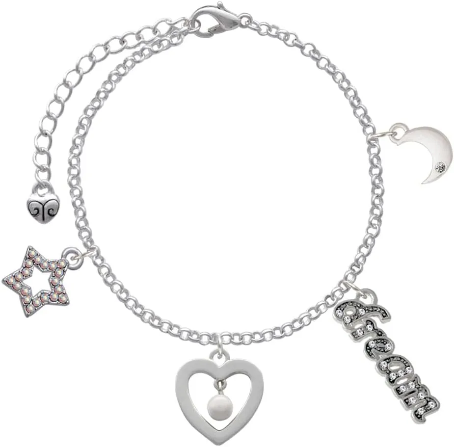 Delight Jewelry Silvertone Open heart with Imitation Pearl Drop - Silvertone Dream Big Charm Bracelet, 7.5 2" Extender