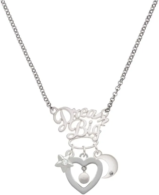 Delight Jewelry Silvertone Open heart with Imitation Pearl Drop Silvertone Dream Big Pendant Necklace, 25"