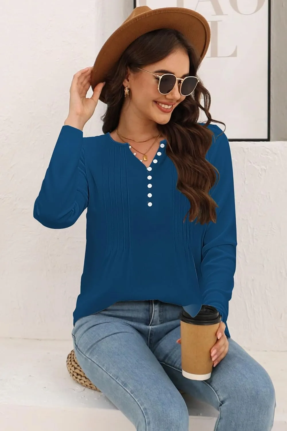 Disamer Womens T Shirts 2025 Fashion Tops Long Sleeve Pleated Dressy Casual Button Down Blouses Fall Clothes