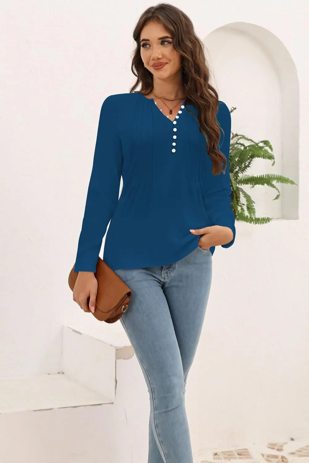 Disamer Womens T Shirts 2025 Fashion Tops Long Sleeve Pleated Dressy Casual Button Down Blouses Fall Clothes