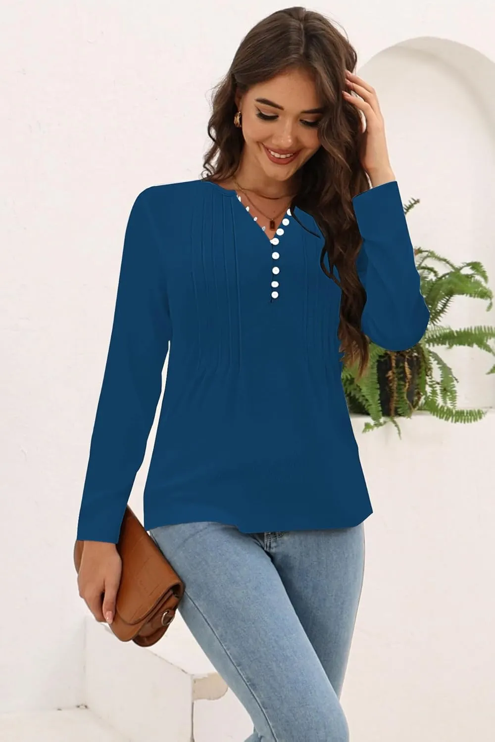 Disamer Womens T Shirts 2025 Fashion Tops Long Sleeve Pleated Dressy Casual Button Down Blouses Fall Clothes