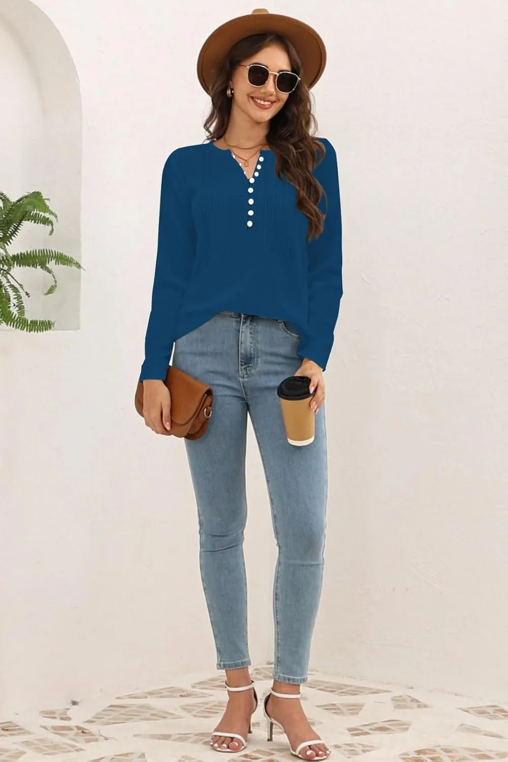 Disamer Womens T Shirts 2025 Fashion Tops Long Sleeve Pleated Dressy Casual Button Down Blouses Fall Clothes