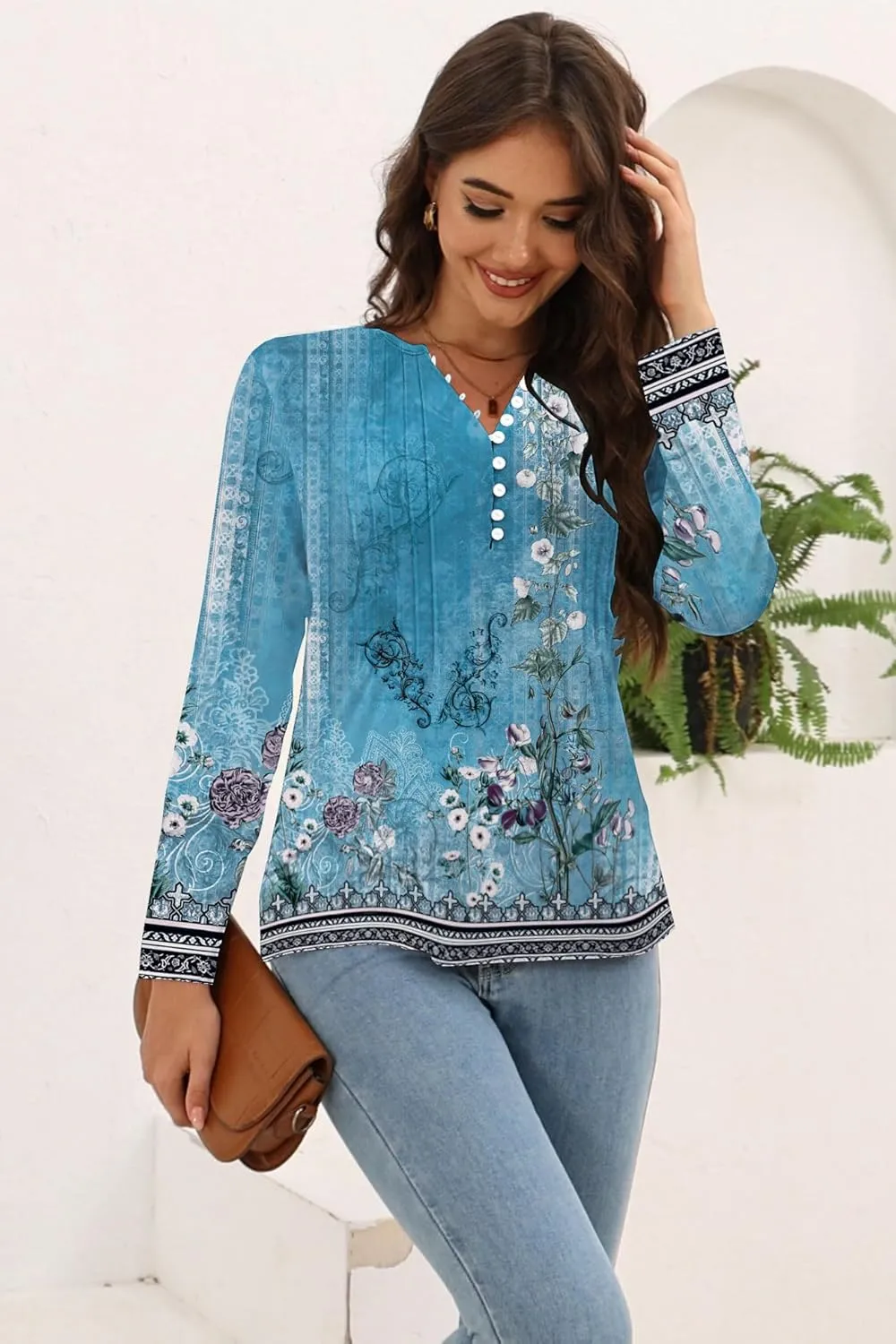 Disamer Womens T Shirts 2025 Fashion Tops Long Sleeve Pleated Dressy Casual Button Down Blouses Fall Clothes