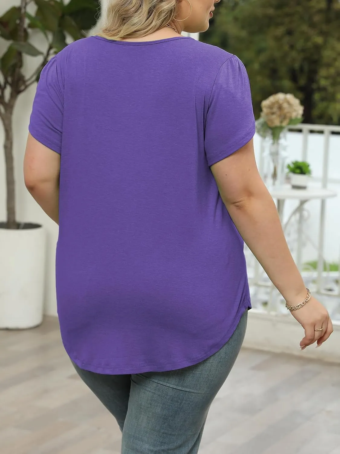 DOLNINE Women Plus Size Tops Summer Lace V Neck Tunics Petal Short Sleeve Loose Shirts