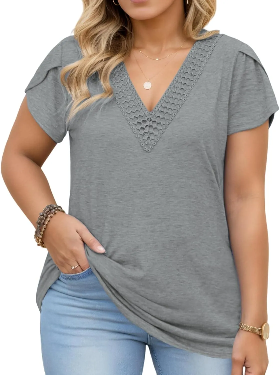 DOLNINE Women Plus Size Tops Summer Lace V Neck Tunics Petal Short Sleeve Loose Shirts