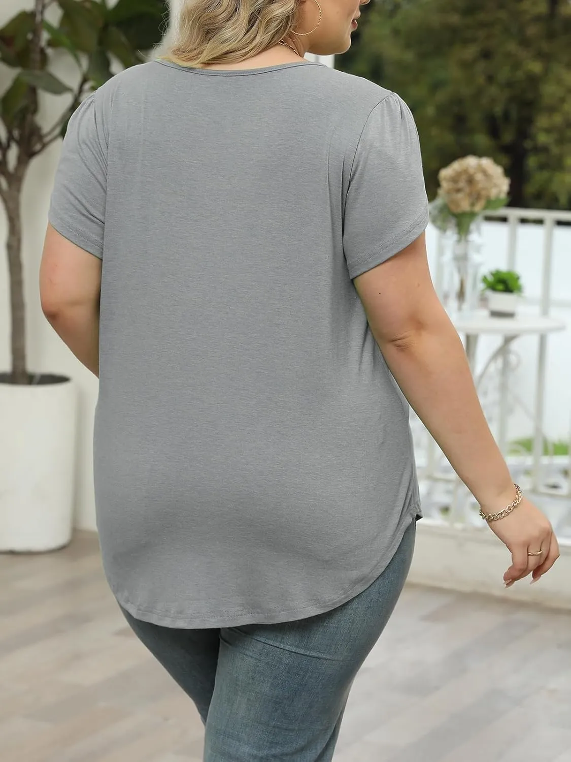 DOLNINE Women Plus Size Tops Summer Lace V Neck Tunics Petal Short Sleeve Loose Shirts