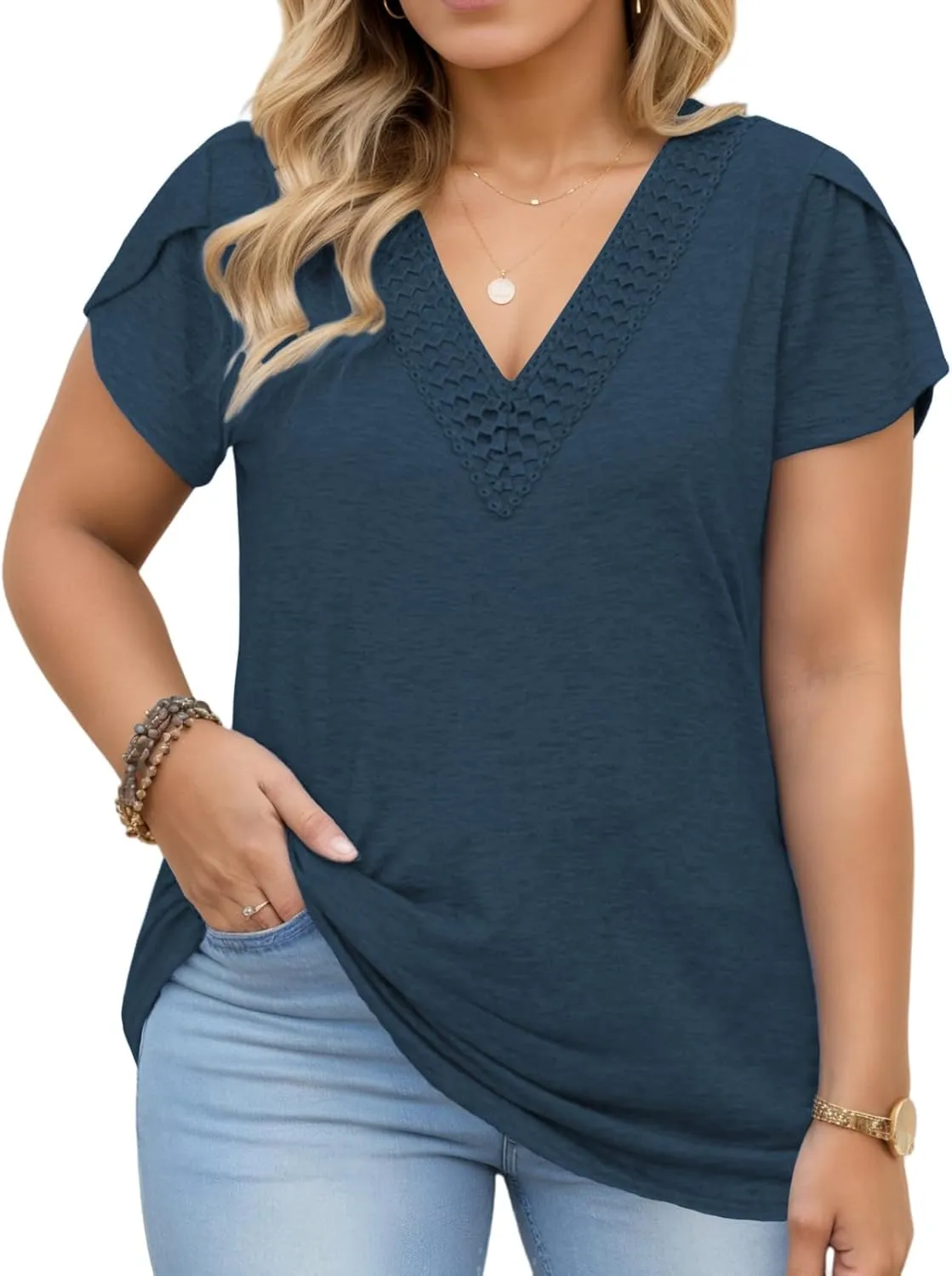 DOLNINE Women Plus Size Tops Summer Lace V Neck Tunics Petal Short Sleeve Loose Shirts