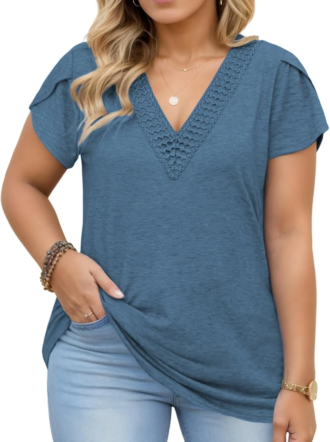 DOLNINE Women Plus Size Tops Summer Lace V Neck Tunics Petal Short Sleeve Loose Shirts
