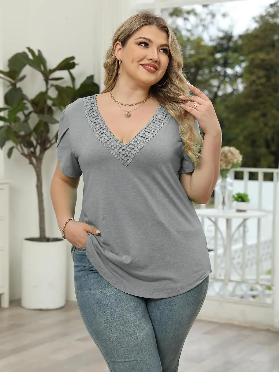 DOLNINE Women Plus Size Tops Summer Lace V Neck Tunics Petal Short Sleeve Loose Shirts