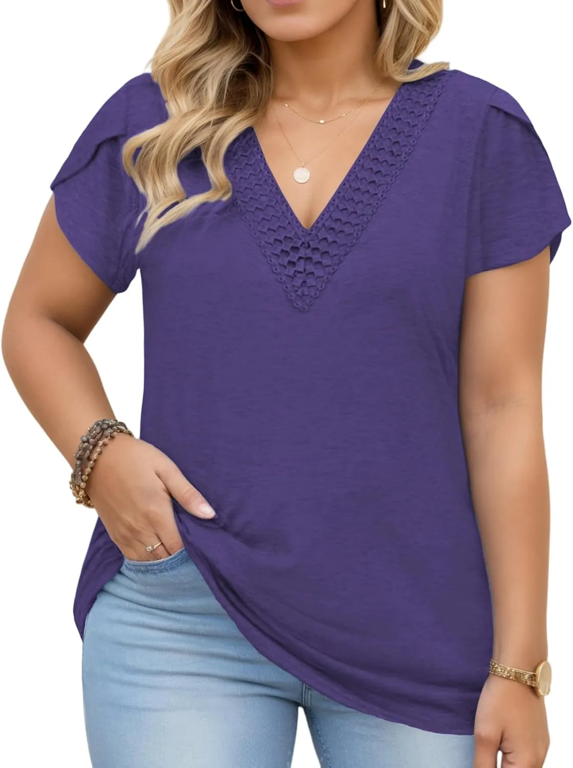 DOLNINE Women Plus Size Tops Summer Lace V Neck Tunics Petal Short Sleeve Loose Shirts