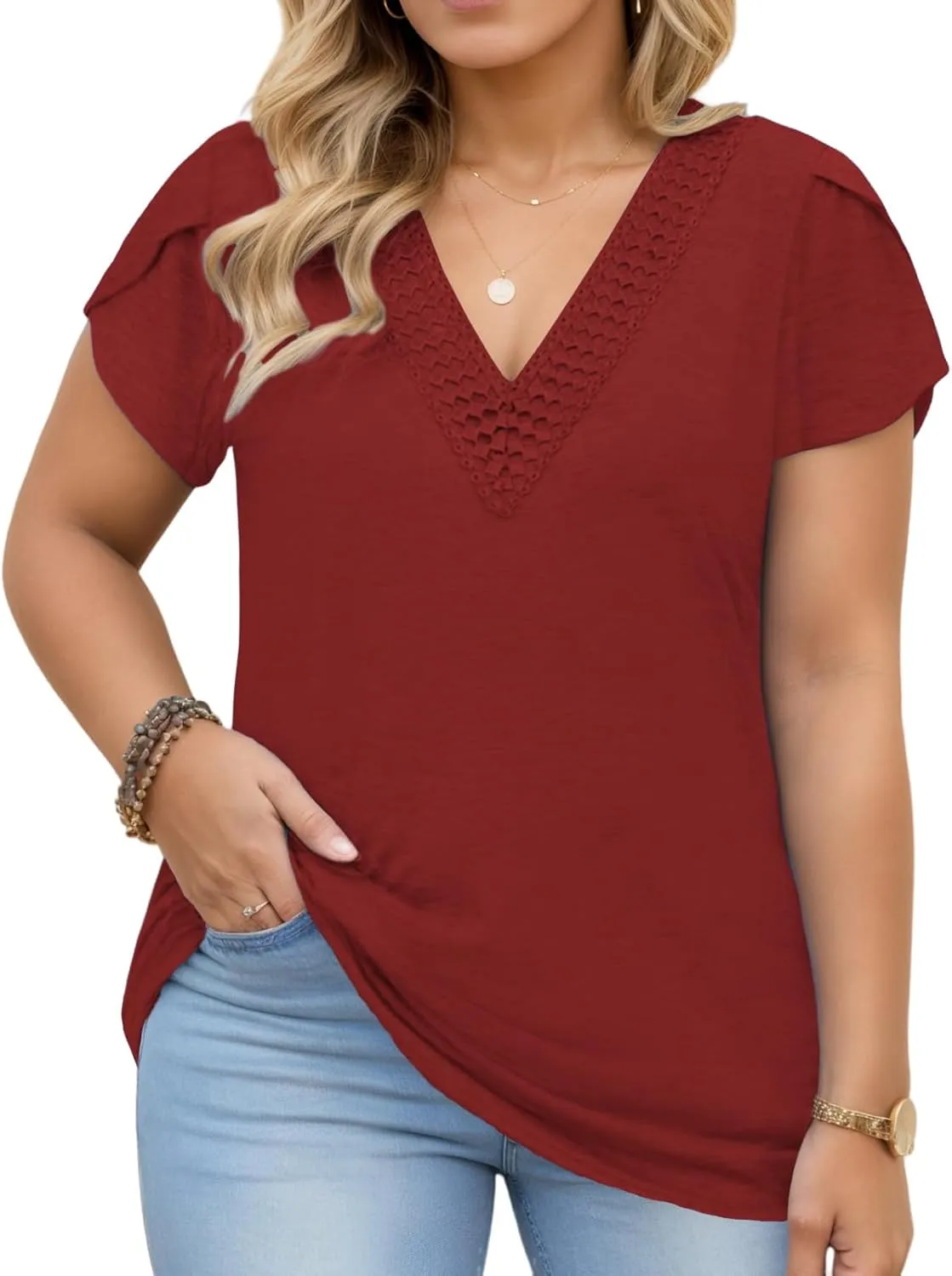 DOLNINE Women Plus Size Tops Summer Lace V Neck Tunics Petal Short Sleeve Loose Shirts