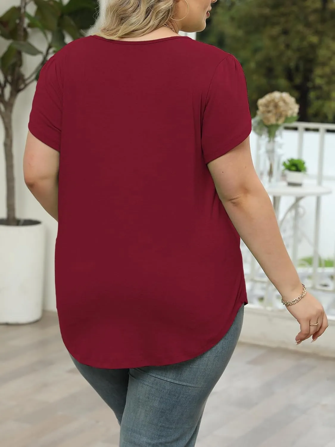 DOLNINE Women Plus Size Tops Summer Lace V Neck Tunics Petal Short Sleeve Loose Shirts