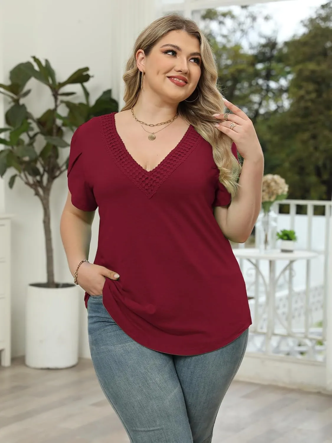 DOLNINE Women Plus Size Tops Summer Lace V Neck Tunics Petal Short Sleeve Loose Shirts