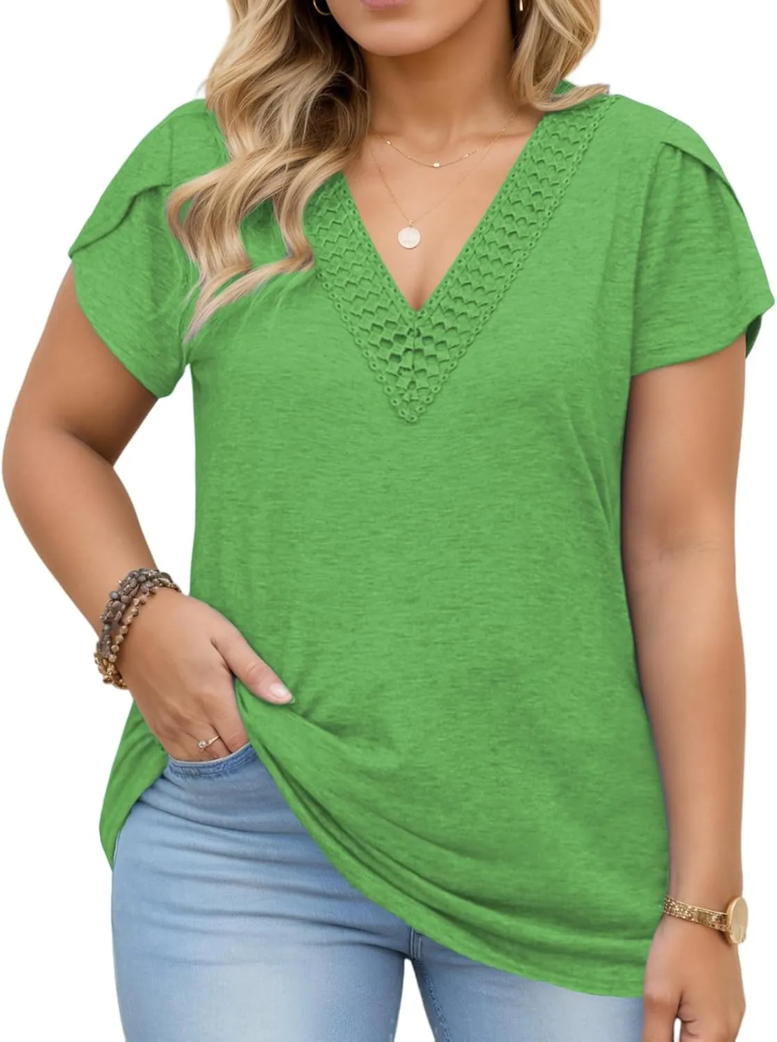 DOLNINE Women Plus Size Tops Summer Lace V Neck Tunics Petal Short Sleeve Loose Shirts