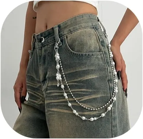 Double Layered Pearl Pants Chain Hip Hop Thin Beads Pants Chain for Men Jean Trouser Keychains Jewelry for Men Women Silver Biker Chain Pocket Chain for Pants