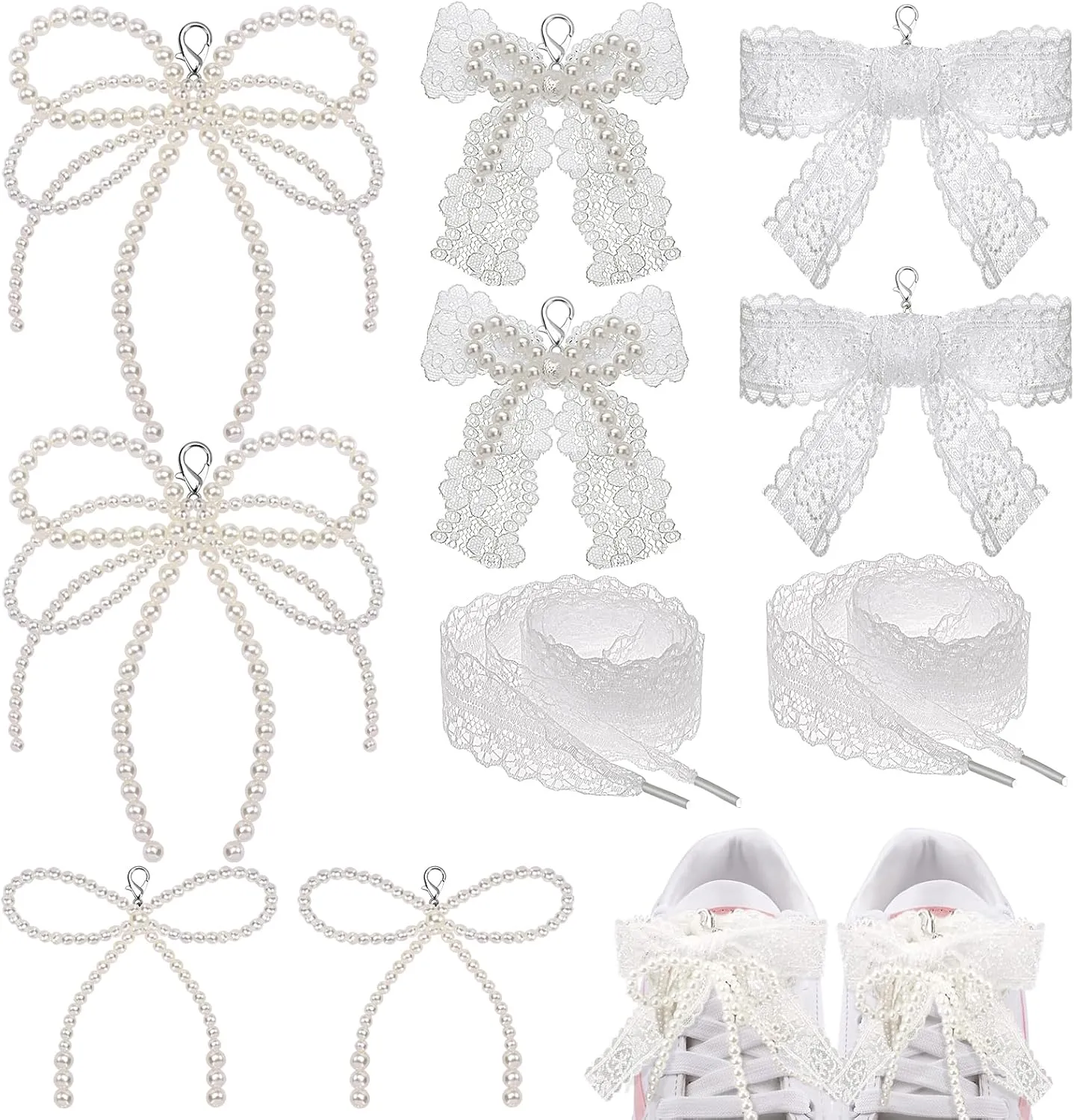 Draupnir 8 Pcs Pearls Lace Bow Shoe Charms For Sneakers Decorations Bowknot Buckle Pearl Beaded Chain Coquette Aesthetic DIY Shoe Lace Sneakers Accessories For Women Jewelry Keychain Bag Car Charms