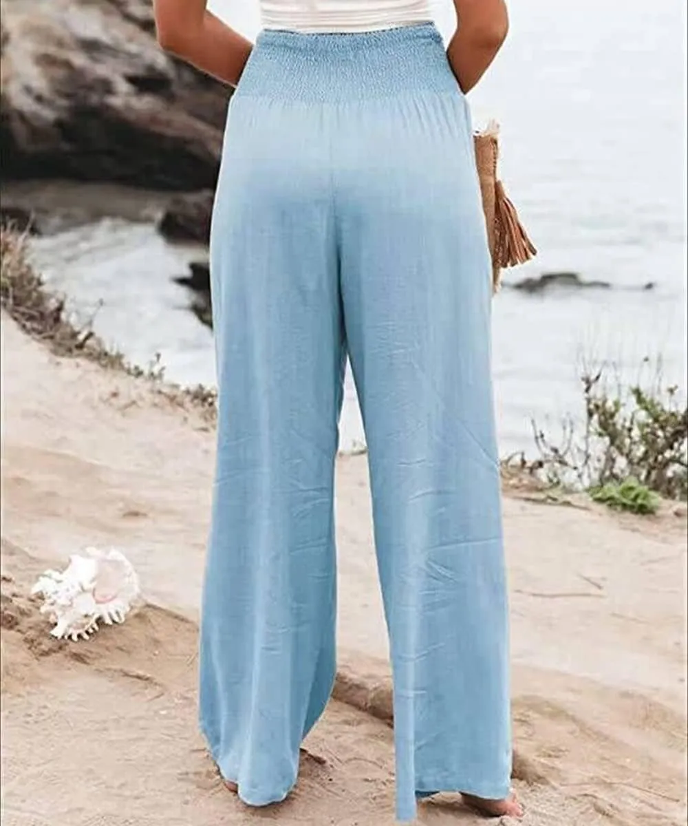 ebossy Women's Cotton Linen Casual Pants Wide Leg High Waist Long Palazzo Trousers with Pockets