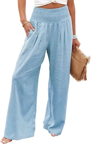 ebossy Women's Cotton Linen Casual Pants Wide Leg High Waist Long Palazzo Trousers with Pockets