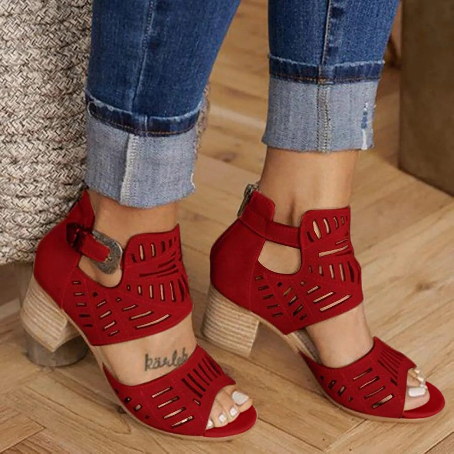 Eduavar Womens Sandals Dressy, Sandals Women Breathable Hollow Out Sandals Boots Summer Chunky Heel Sandals Shoes