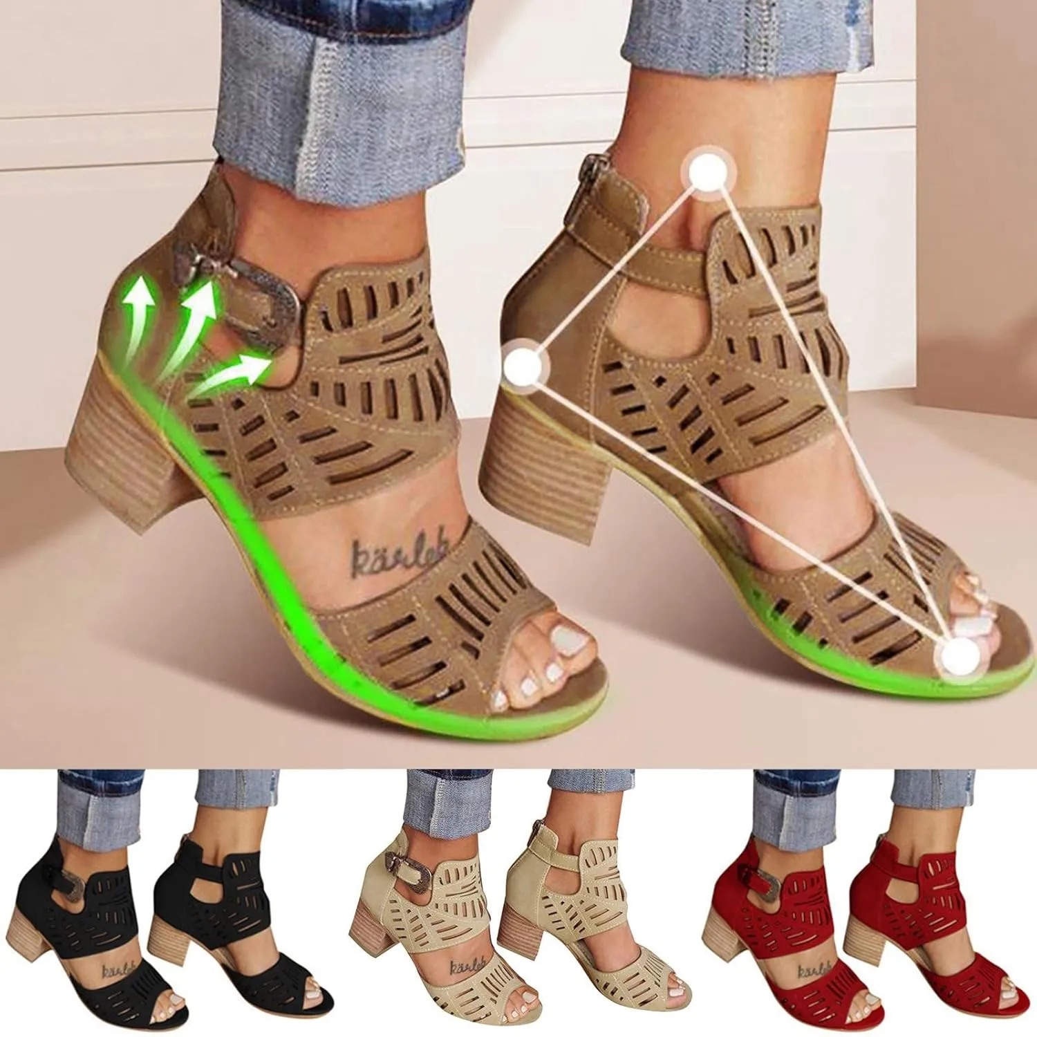 Eduavar Womens Sandals Dressy, Sandals Women Breathable Hollow Out Sandals Boots Summer Chunky Heel Sandals Shoes