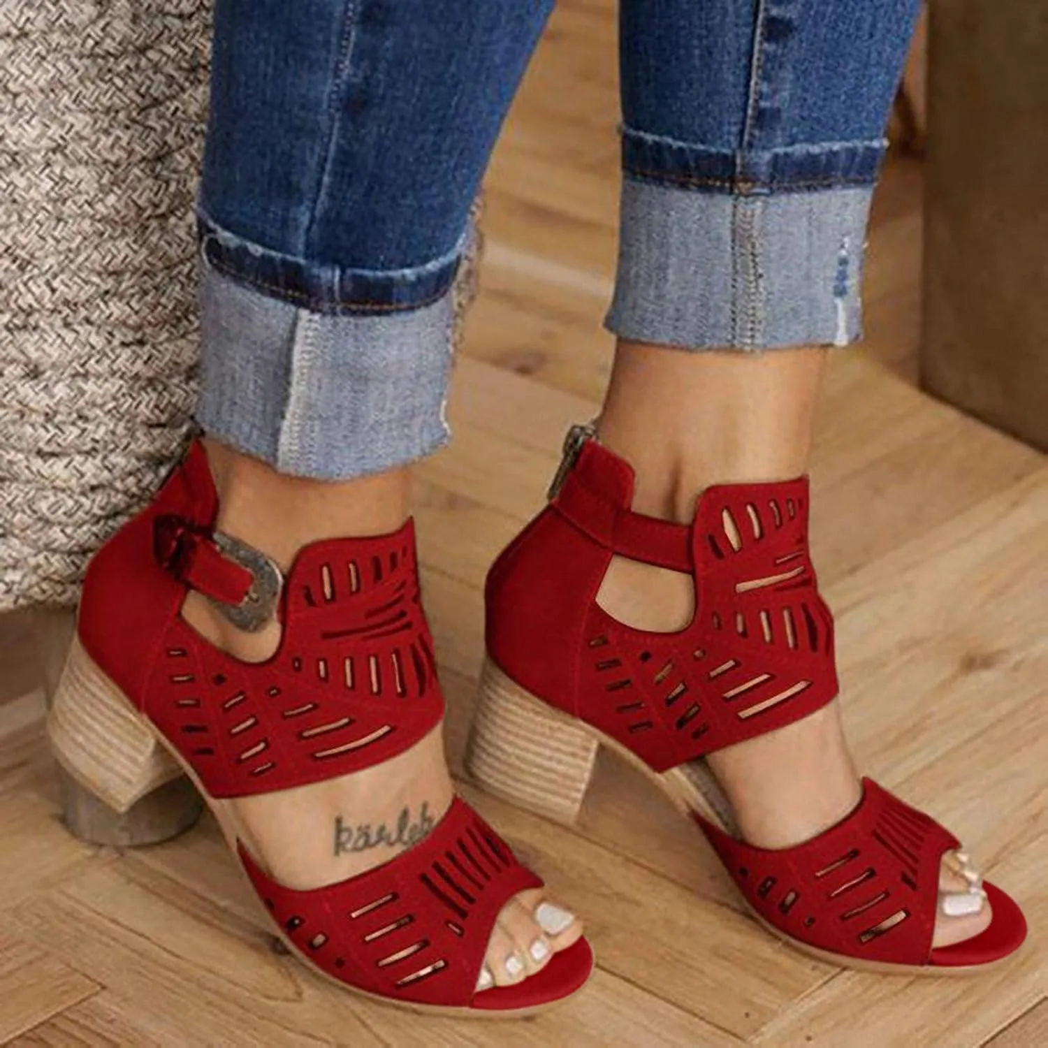Eduavar Womens Sandals Dressy, Sandals Women Breathable Hollow Out Sandals Boots Summer Chunky Heel Sandals Shoes
