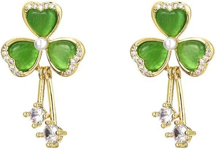 Elegant Cz Clover Leaf Statement Earrings for Women Gold Plated Sterling Silver Post Pin Pearl Cat Eye Stone Crystal Lucky 3-Leaf Flower Charms Dangle Drop Stud Holiday Carnival Cocktail Jewelry