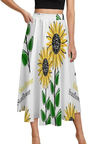 Elegant Sunflowers Printed Midi Skirts High Elastic Waist Pleated Bohemia Going Out Skirts