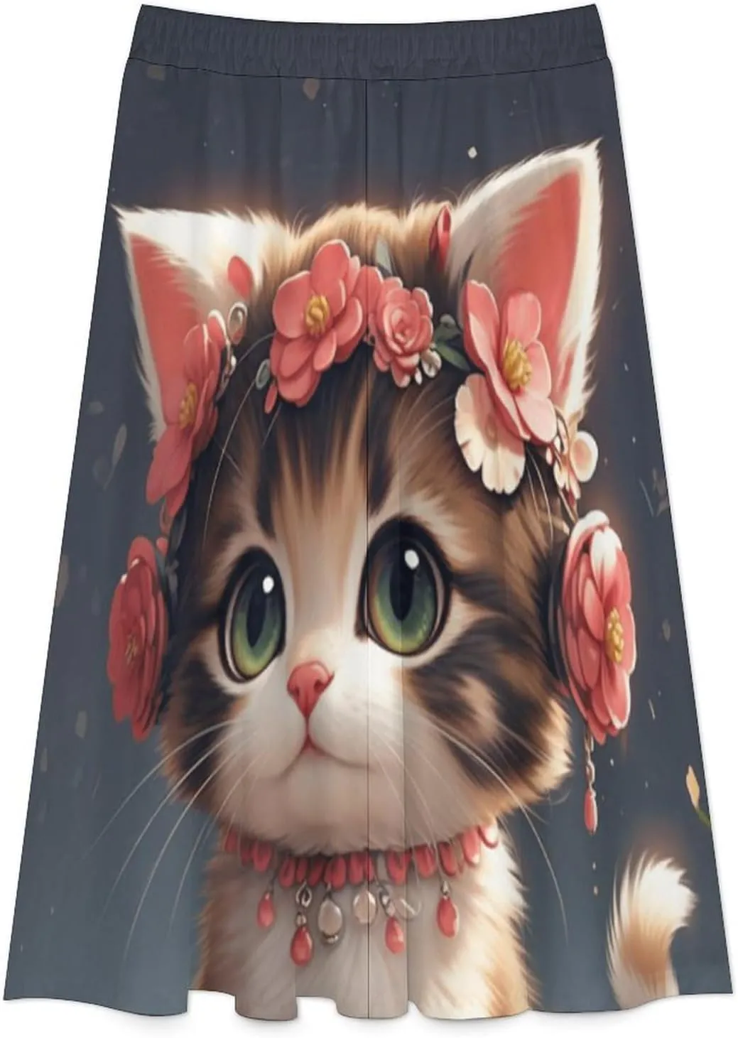 Endearing Fairy Cat Print Midi Skirts High Elastic Waist Pleated Boho Going Out Skirts