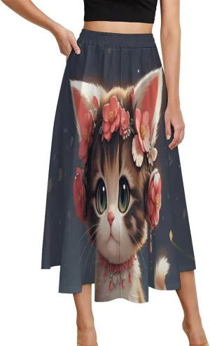 Endearing Fairy Cat Print Midi Skirts High Elastic Waist Pleated Boho Going Out Skirts