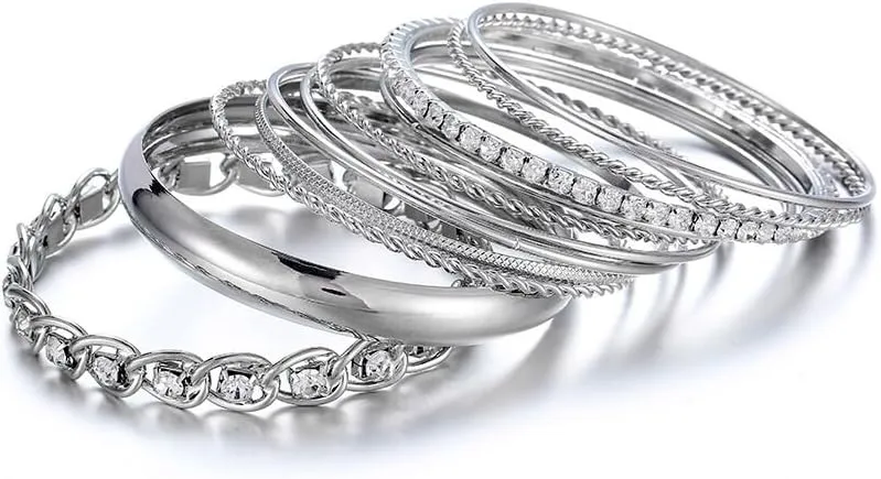 Ensoul Twisted Multiple Metal Bracelets & Bangles Set for Women 12Pcs/Set W/Clear Rhinestones