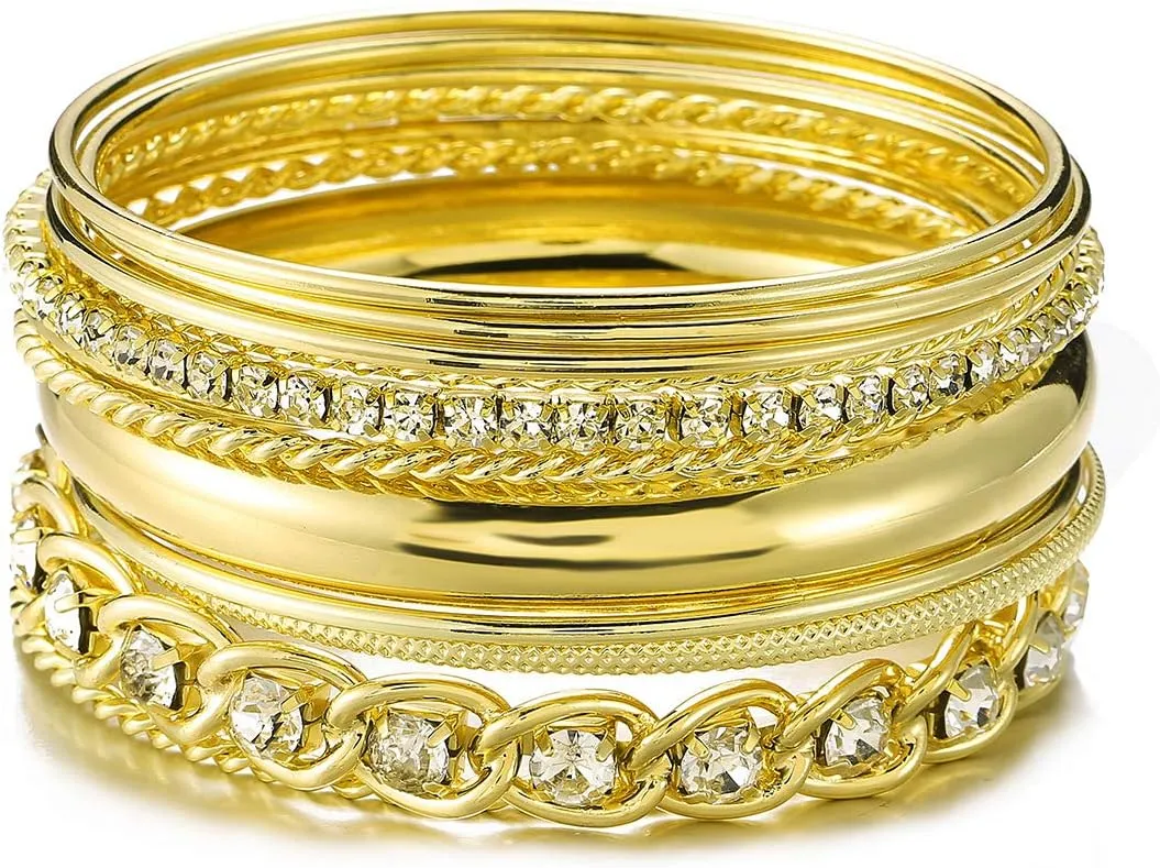 Ensoul Twisted Multiple Metal Bracelets & Bangles Set for Women 12Pcs/Set W/Clear Rhinestones