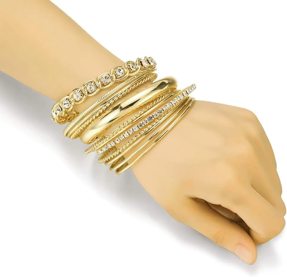 Ensoul Twisted Multiple Metal Bracelets & Bangles Set for Women 12Pcs/Set W/Clear Rhinestones