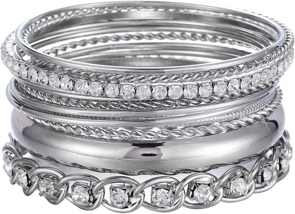Ensoul Twisted Multiple Metal Bracelets & Bangles Set for Women 12Pcs/Set W/Clear Rhinestones