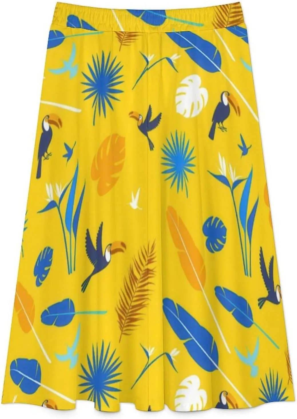 Esthetic Birds Plume Print Midi Skirts High Elastic Waist Ruffle Swing Summer Skirts