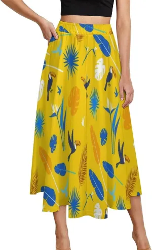 Esthetic Birds Plume Print Midi Skirts High Elastic Waist Ruffle Swing Summer Skirts