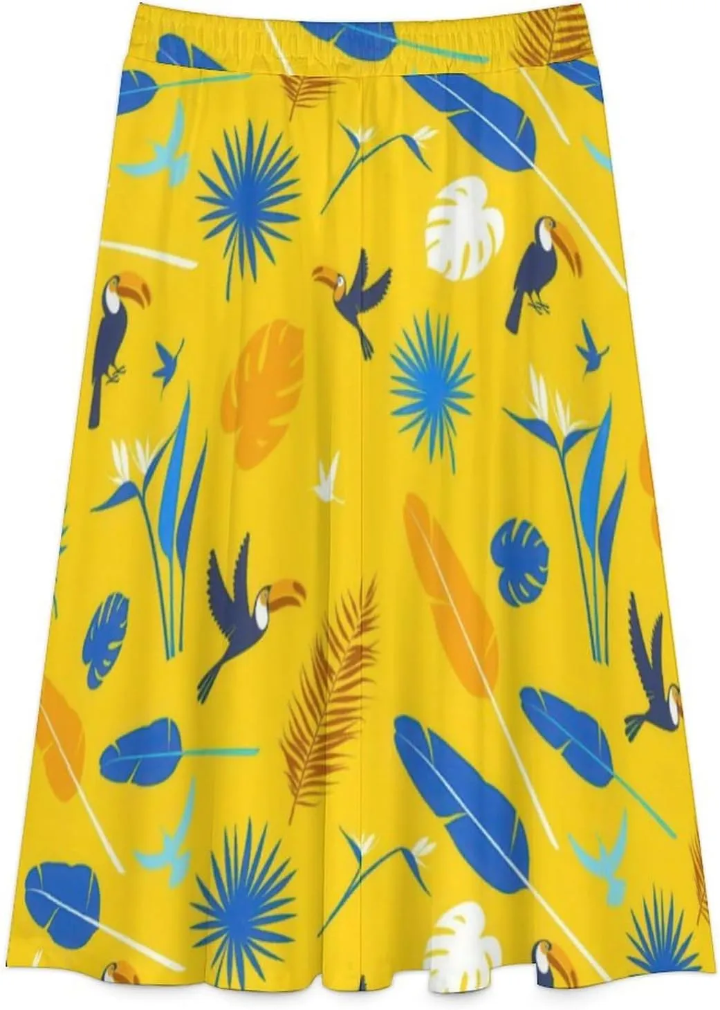 Esthetic Birds Plume Print Midi Skirts High Elastic Waist Ruffle Swing Summer Skirts