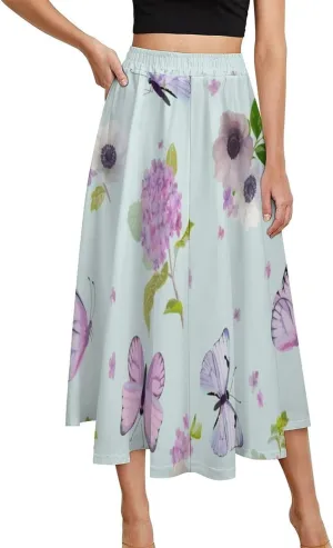 Esthetic Butterfly Florals Printed Midi Skirt High Elastic Waist Ruffling Flowy Summer Skirt