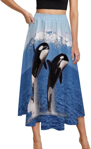 Esthetic Killer Whale Print Midi Skirts High Elastic Waist Ruffling Flowy Mini Club Skirts