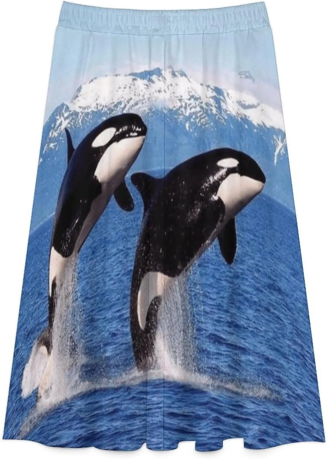 Esthetic Killer Whale Print Midi Skirts High Elastic Waist Ruffling Flowy Mini Club Skirts