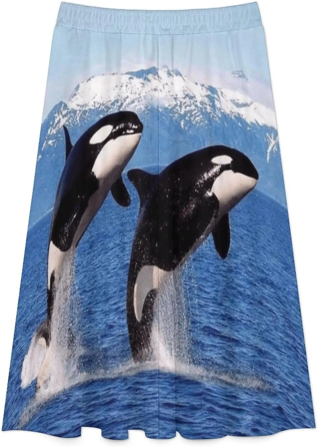 Esthetic Killer Whale Print Midi Skirts High Elastic Waist Ruffling Flowy Mini Club Skirts