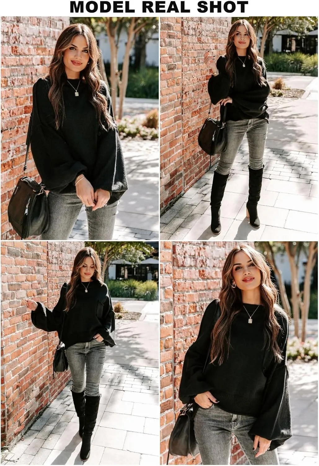EVALESS Women's 2024 Lantern Long Sleeve Crewneck Sweater Casual Solid Color Ribbed Hem Knitwear Pullover Cropped Tops