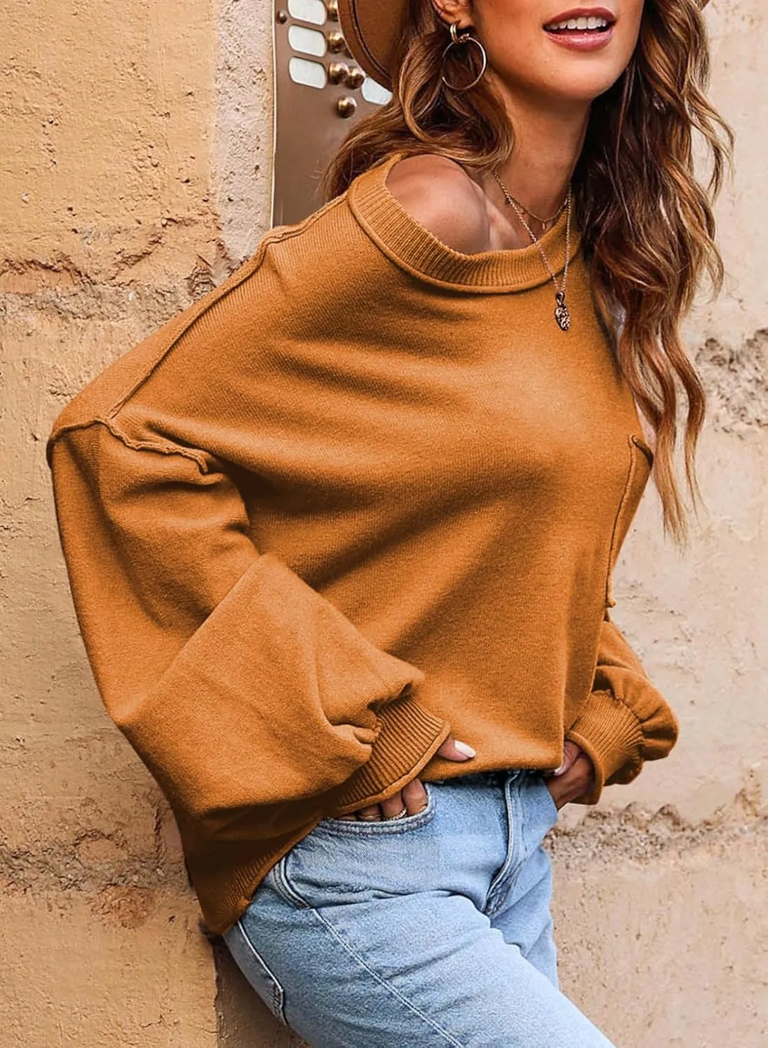 EVALESS Women's 2024 Lantern Long Sleeve Crewneck Sweater Casual Solid Color Ribbed Hem Knitwear Pullover Cropped Tops