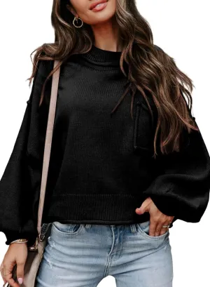 EVALESS Women's 2024 Lantern Long Sleeve Crewneck Sweater Casual Solid Color Ribbed Hem Knitwear Pullover Cropped Tops