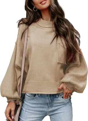 EVALESS Women's 2024 Lantern Long Sleeve Crewneck Sweater Casual Solid Color Ribbed Hem Knitwear Pullover Cropped Tops