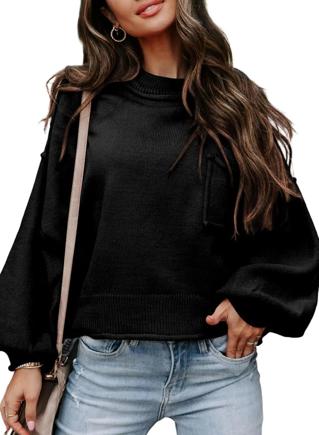EVALESS Women's 2024 Lantern Long Sleeve Crewneck Sweater Casual Solid Color Ribbed Hem Knitwear Pullover Cropped Tops