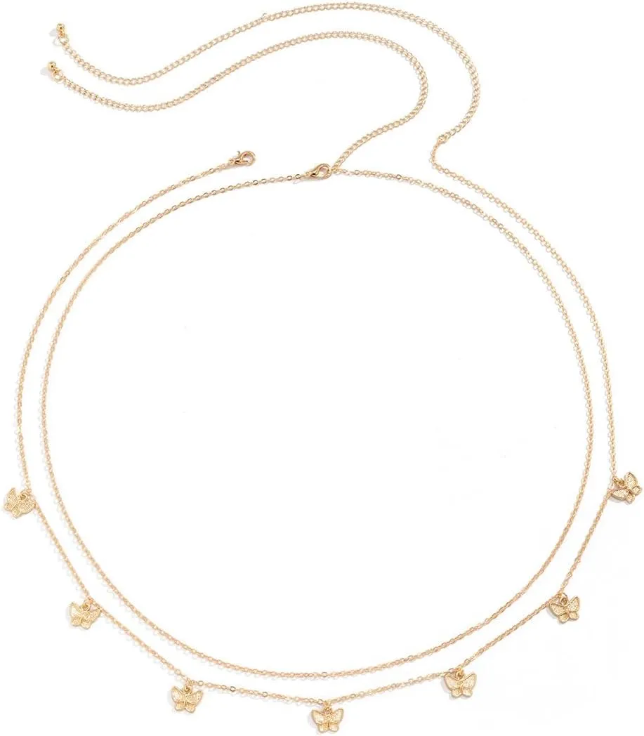 exquisite butterfly pendant women body waist chain adjustable double-layer gold waist chain summer bikini beach party body jewelry gift